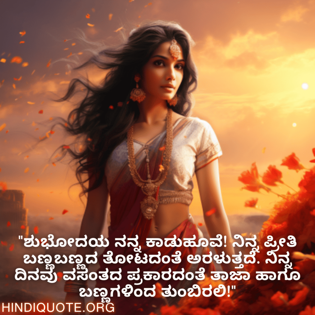 Good morning Quotes In Kannada For Your Girlfriend "ಶುಭೋದಯ ನನ್ನ ಕಾಡುಹೂವೆ! ನಿನ್ನ ಪ್ರೀತಿ ಬಣ್ಣಬಣ್ಣದ ತೋಟದಂತೆ ಅರಳುತ್ತದೆ. ನಿನ್ನ ದಿನವು ವಸಂತದ ಪ್ರಕಾರದಂತೆ ತಾಜಾ ಹಾಗೂ ಬಣ್ಣಗಳಿಂದ ತುಂಬಿರಲಿ!"