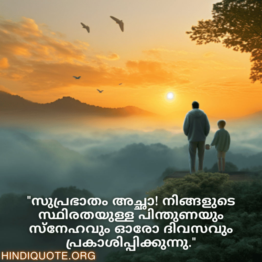 Good morning Quotes In Malayalam For Your Father "സുപ്രഭാതം അച്ഛാ! നിങ്ങളുടെ സ്ഥിരതയുള്ള പിന്തുണയും സ്‌നേഹവും ഓരോ ദിവസവും പ്രകാശിപ്പിക്കുന്നു."
