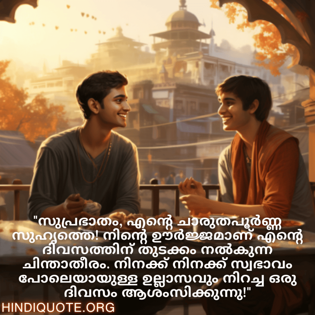 Good morning Wishes In Malayalam For Your Friend "സുപ്രഭാതം, എന്റെ ചാരുതപൂർണ്ണ സുഹൃത്തെ! നിന്റെ ഊർജ്ജമാണ് എന്റെ ദിവസത്തിന് തുടക്കം നൽകുന്ന ചിന്താതീരം. നിനക്ക് നിനക്ക് സ്വഭാവം പോലെയായുള്ള ഉല്ലാസവും നിറച്ച ഒരു ദിവസം ആശംസിക്കുന്നു!"