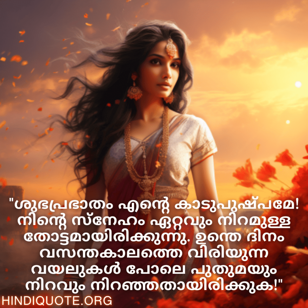 Good morning Quotes In Malayalam For Your Girlfriend "ശുഭപ്രഭാതം എന്റെ കാടുപുഷ്പമേ! നിന്റെ സ്നേഹം ഏറ്റവും നിറമുള്ള തോട്ടമായിരിക്കുന്നു. ഉന്തെ ദിനം വസന്തകാലത്തെ വിരിയുന്ന വയലുകൾ പോലെ പുതുമയും നിറവും നിറഞ്ഞതായിരിക്കുക!"