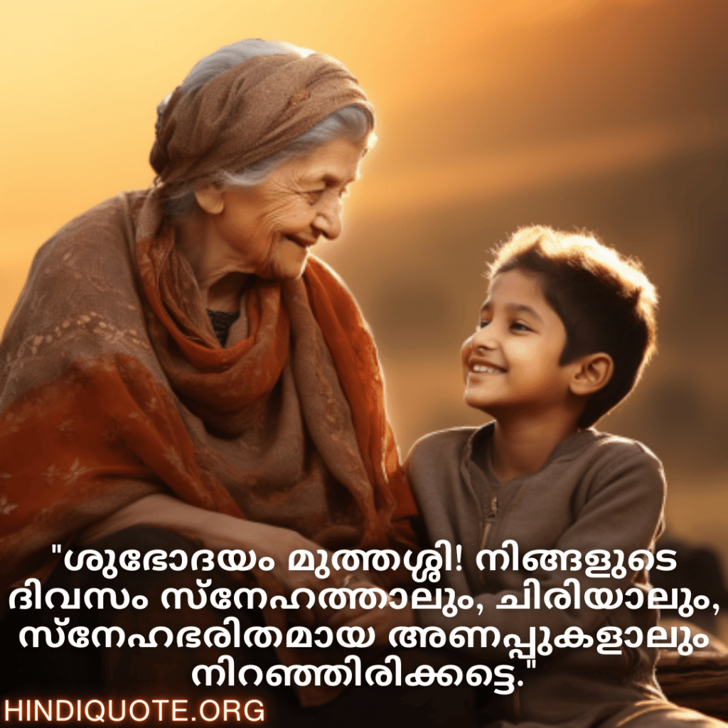 Good morning Quotes In Malayalam For Your Grandmother "ശുഭോദയം മുത്തശ്ശി! നിങ്ങളുടെ ദിവസം സ്‌നേഹത്താലും, ചിരിയാലും, സ്നേഹഭരിതമായ അണപ്പുകളാലും നിറഞ്ഞിരിക്കട്ടെ."