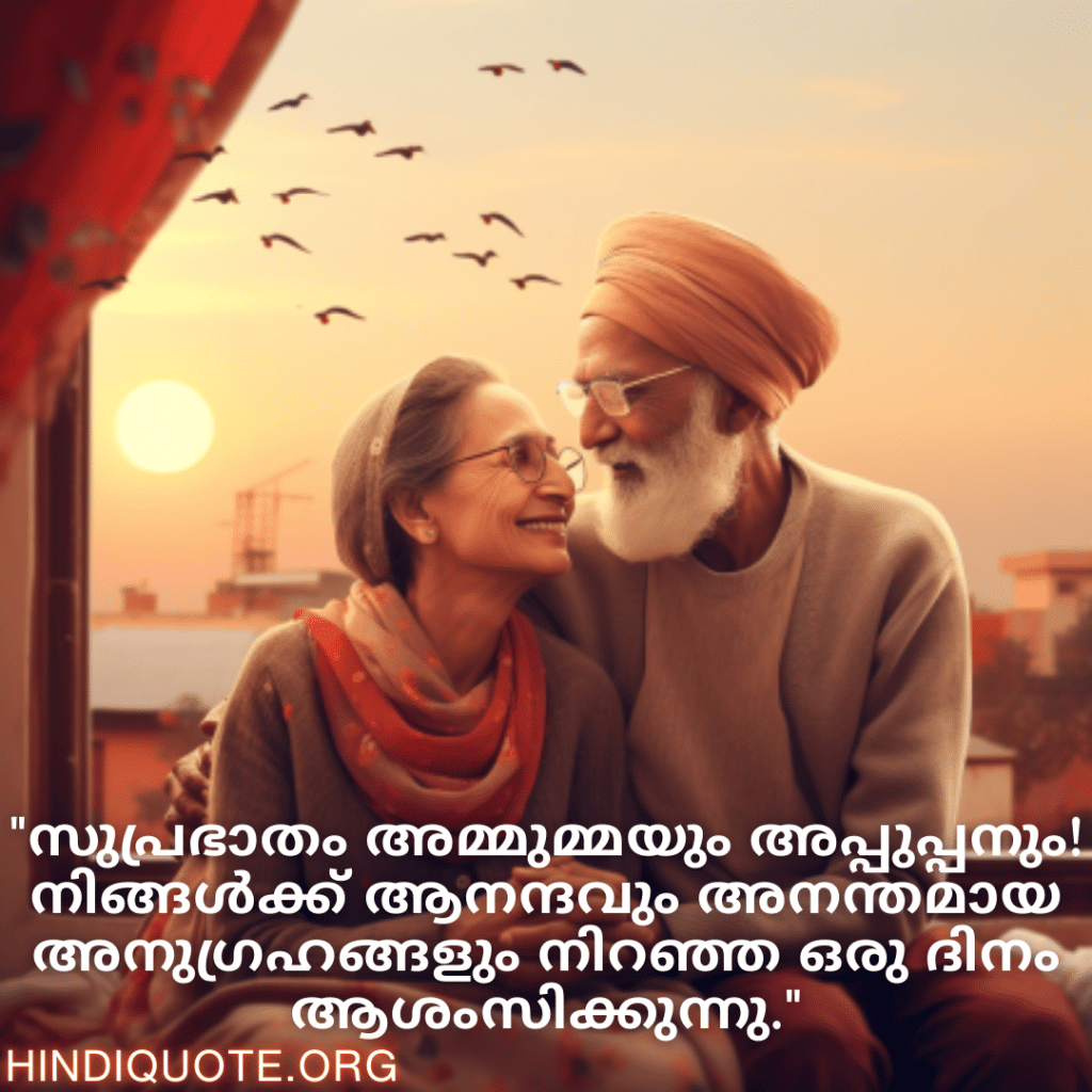 Good morning Wishes In Malayalam For Grandparents "സുപ്രഭാതം അമ്മുമ്മയും അപ്പുപ്പനും! നിങ്ങൾക്ക് ആനന്ദവും അനന്തമായ അനുഗ്രഹങ്ങളും നിറഞ്ഞ ഒരു ദിനം ആശംസിക്കുന്നു."
