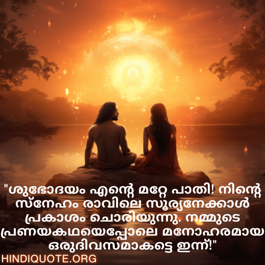 Good morning Wishes In Malayalam For Your Soulmate "ശുഭോദയം എന്റെ മറ്റേ പാതി! നിന്റെ സ്നേഹം രാവിലെ സൂര്യനേക്കാൾ പ്രകാശം ചൊരിയുന്നു. നമ്മുടെ പ്രണയകഥയെപ്പോലെ മനോഹരമായ ഒരുദിവസമാകട്ടെ ഇന്ന്!"