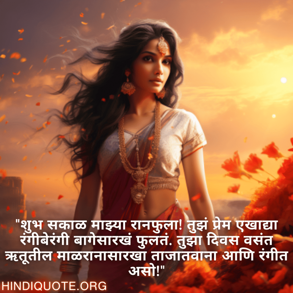 Good morning Quotes In Marathi For Your Girlfriend "शुभ सकाळ माझ्या रानफुला! तुझं प्रेम एखाद्या रंगीबेरंगी बागेसारखं फुलतं. तुझा दिवस वसंत ऋतूतील माळरानासारखा ताजातवाना आणि रंगीत असो!"
