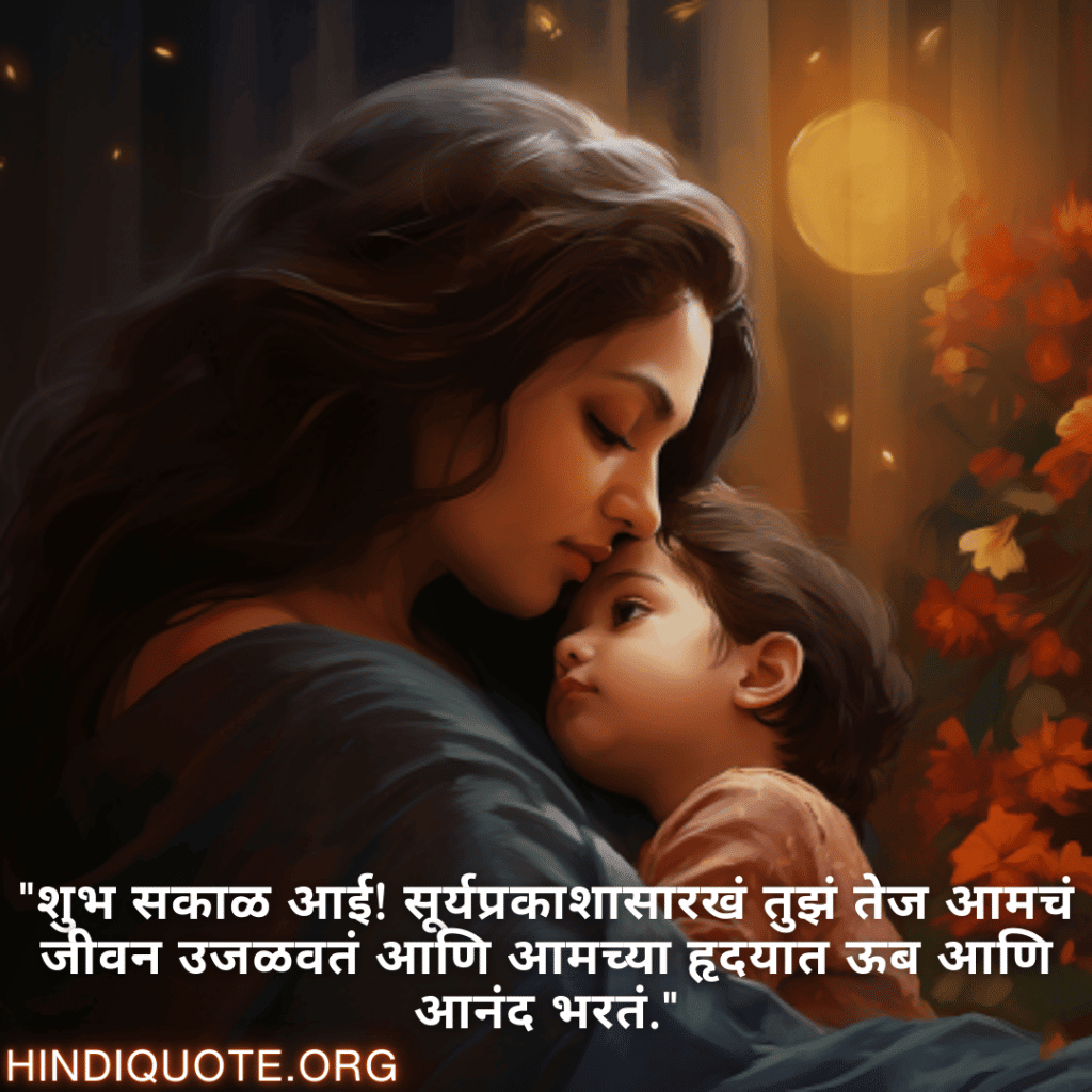 Good morning Wishes In Marathi For Your Mother "शुभ सकाळ आई! सूर्यप्रकाशासारखं तुझं तेज आमचं जीवन उजळवतं आणि आमच्या हृदयात ऊब आणि आनंद भरतं."