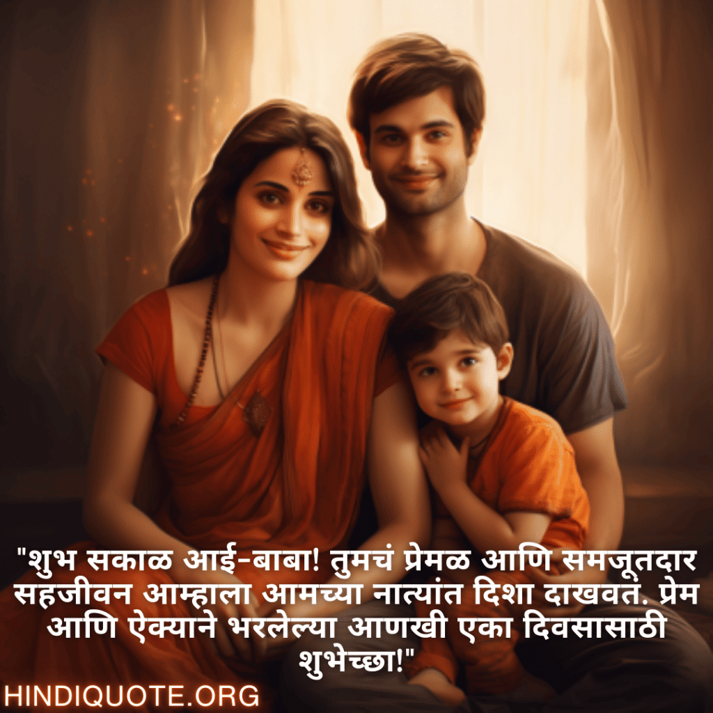 Good morning Wishes In Marathi For Your Parents "शुभ सकाळ आई-बाबा! तुमचं प्रेमळ आणि समजूतदार सहजीवन आम्हाला आमच्या नात्यांत दिशा दाखवतं. प्रेम आणि ऐक्याने भरलेल्या आणखी एका दिवसासाठी शुभेच्छा!"