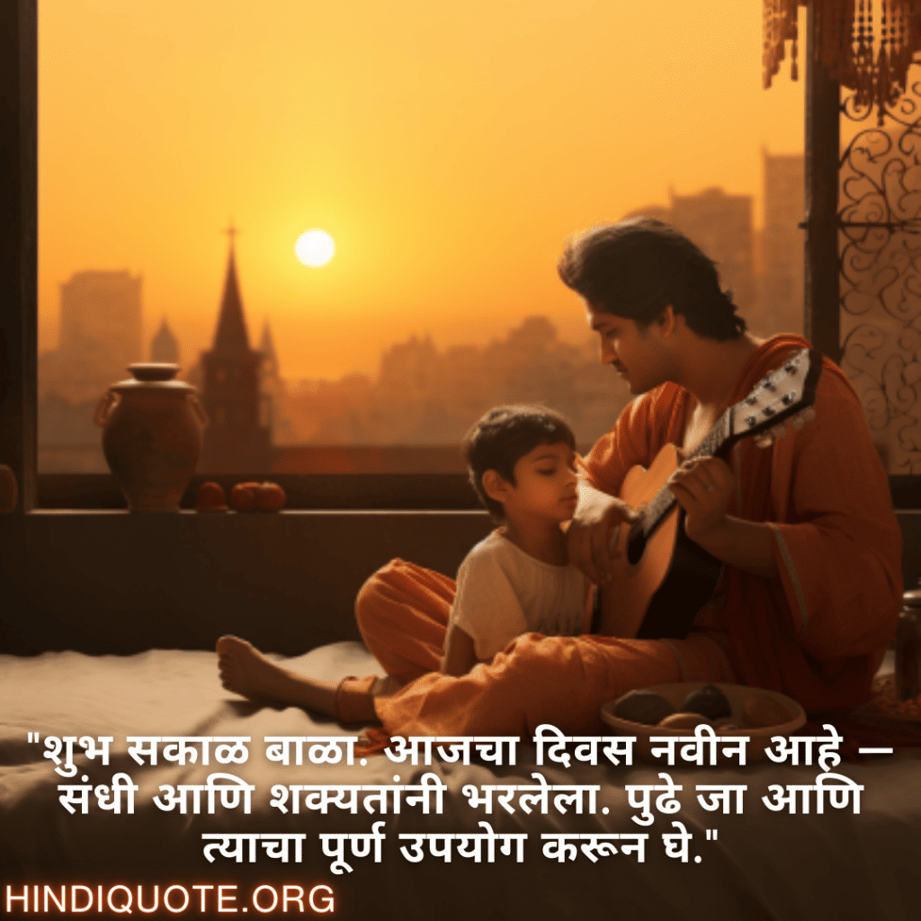 Good morning Wishes In Marathi For Your Son "शुभ सकाळ बाळा. आजचा दिवस नवीन आहे — संधी आणि शक्यतांनी भरलेला. पुढे जा आणि त्याचा पूर्ण उपयोग करून घे."