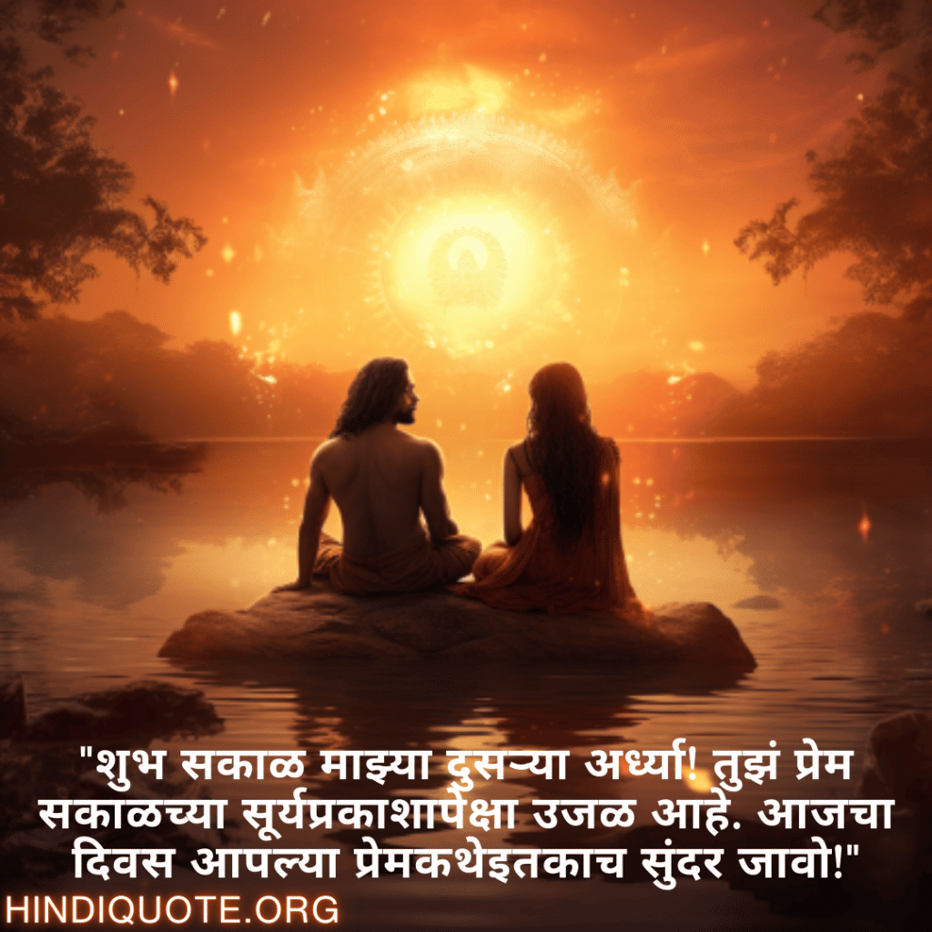 Good morning Wishes In Marathi For Your Soulmate "शुभ सकाळ माझ्या दुसऱ्या अर्ध्या! तुझं प्रेम सकाळच्या सूर्यप्रकाशापेक्षा उजळ आहे. आजचा दिवस आपल्या प्रेमकथेइतकाच सुंदर जावो!"