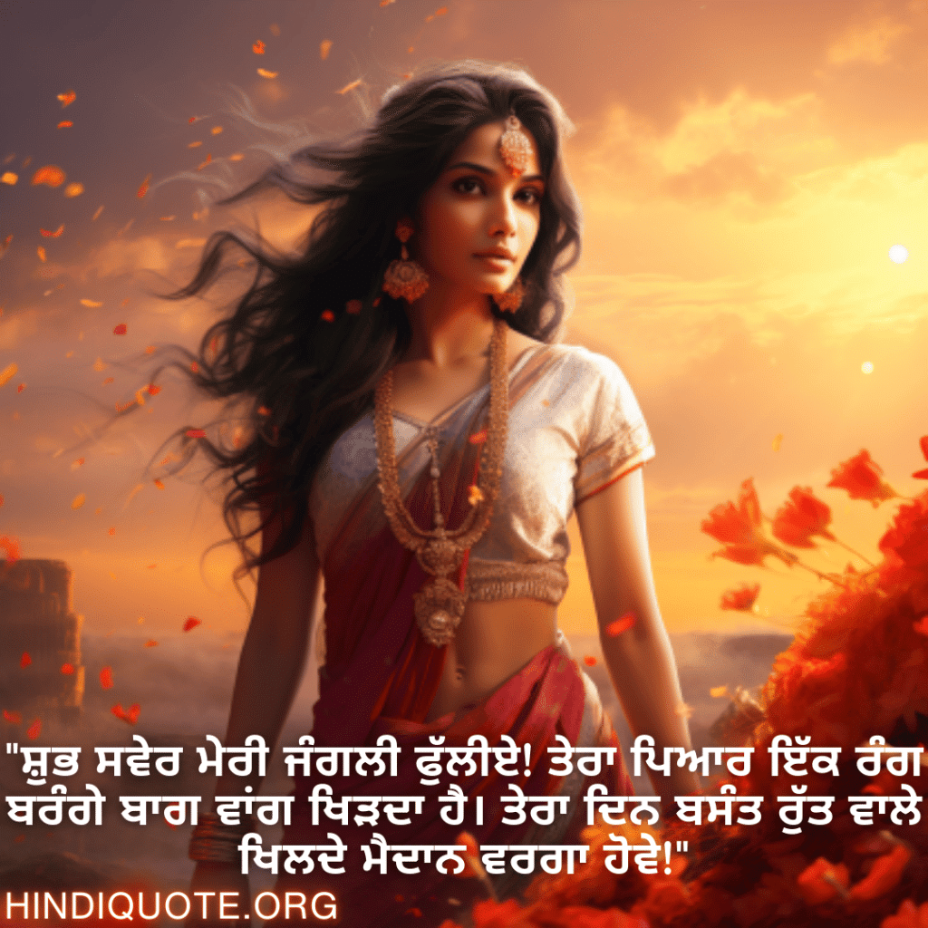 Good morning Quotes In Punjabi For Your Girlfriend "ਸ਼ੁਭ ਸਵੇਰ ਮੇਰੀ ਜੰਗਲੀ ਫੁੱਲੀਏ! ਤੇਰਾ ਪਿਆਰ ਇੱਕ ਰੰਗ ਬਰੰਗੇ ਬਾਗ ਵਾਂਗ ਖਿੜਦਾ ਹੈ। ਤੇਰਾ ਦਿਨ ਬਸੰਤ ਰੁੱਤ ਵਾਲੇ ਖਿਲਦੇ ਮੈਦਾਨ ਵਰਗਾ ਹੋਵੇ!"