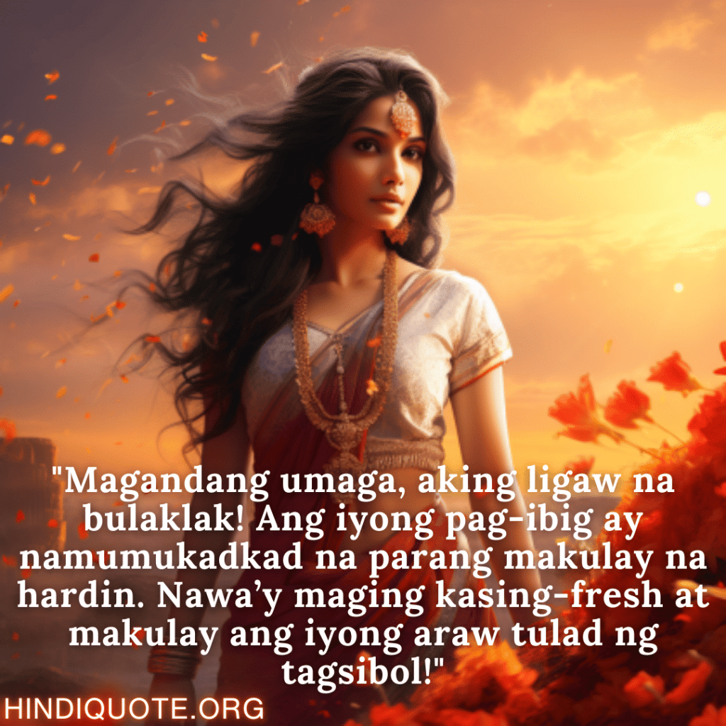 Good morning Quotes Tagalog For Your Girlfriend "Magandang umaga, aking ligaw na bulaklak! Ang iyong pag-ibig ay namumukadkad na parang makulay na hardin. Nawa’y maging kasing-fresh at makulay ang iyong araw tulad ng tagsibol!"