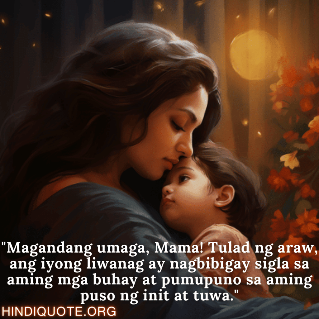 Good morning Quotes Tagalog For Your Mother "Magandang umaga, Mama! Tulad ng araw, ang iyong liwanag ay nagbibigay sigla sa aming mga buhay at pumupuno sa aming puso ng init at tuwa."