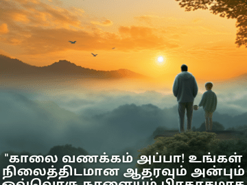 Good morning Quotes In Tamil For Your Father "காலை வணக்கம் அப்பா! உங்கள் நிலைத்திடமான ஆதரவும் அன்பும் ஒவ்வொரு நாளையும் பிரகாசமாக மாற்றுகிறது."