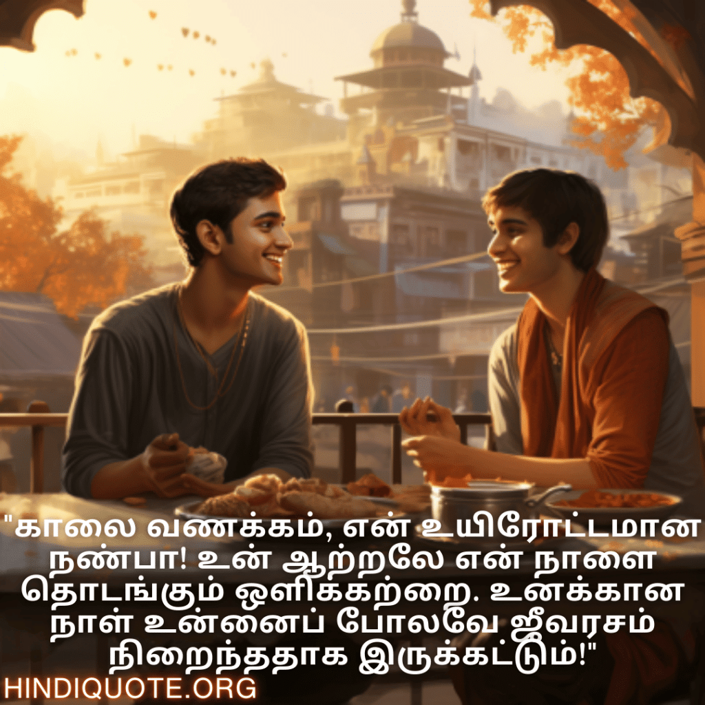 Good morning Wishes In Tamil For Your Friend "காலை வணக்கம், என் உயிரோட்டமான நண்பா! உன் ஆற்றலே என் நாளை தொடங்கும் ஒளிக்கற்றை. உனக்கான நாள் உன்னைப் போலவே ஜீவரசம் நிறைந்ததாக இருக்கட்டும்!"