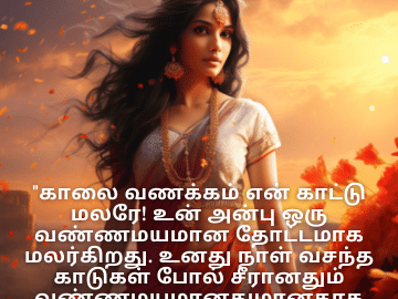 Good morning Quotes In Tamil For Your Girlfriend "காலை வணக்கம் என் காட்டு மலரே! உன் அன்பு ஒரு வண்ணமயமான தோட்டமாக மலர்கிறது. உனது நாள் வசந்த காடுகள் போல் சீரானதும் வண்ணமயமானதுமானதாக இருக்கட்டும்!"