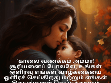 Good morning Wishes In Tamil For Your Mother "காலை வணக்கம் அம்மா! சூரியனைப் போலவே, உங்கள் ஒளிர்வு எங்கள் வாழ்க்கையை ஒளிரச் செய்கிறது மற்றும் எங்கள் இதயங்களை வெப்பத்தாலும் மகிழ்ச்சியாலும் நிரப்புகிறது."