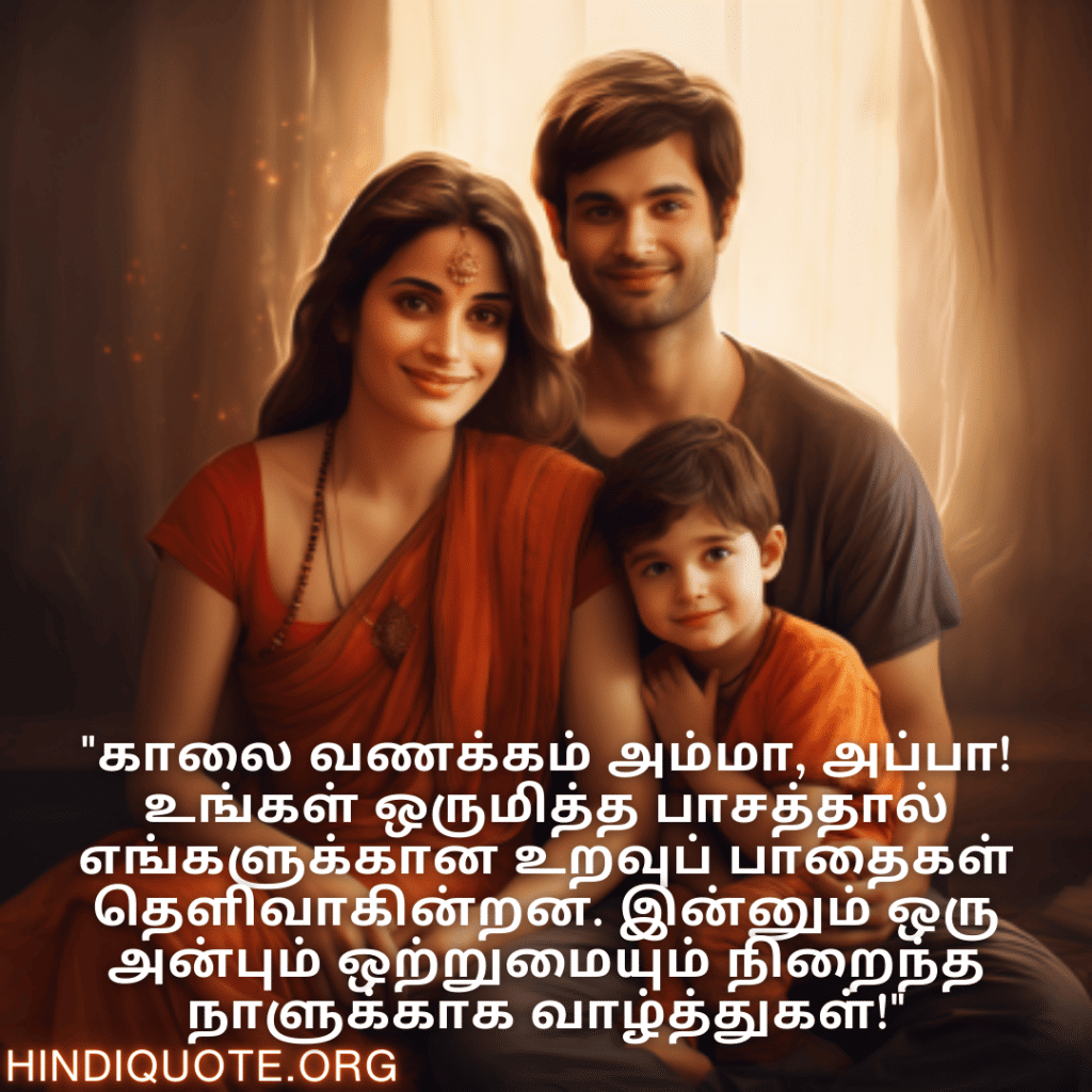 Good morning Wishes In Tamil For Your Parents "காலை வணக்கம் அம்மா, அப்பா! உங்கள் ஒருமித்த பாசத்தால் எங்களுக்கான உறவுப் பாதைகள் தெளிவாகின்றன. இன்னும் ஒரு அன்பும் ஒற்றுமையும் நிறைந்த நாளுக்காக வாழ்த்துகள்!"