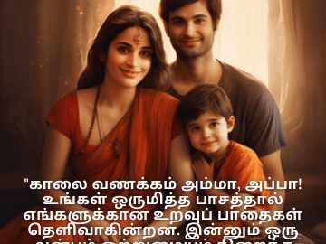 Good morning Wishes In Tamil For Your Parents "காலை வணக்கம் அம்மா, அப்பா! உங்கள் ஒருமித்த பாசத்தால் எங்களுக்கான உறவுப் பாதைகள் தெளிவாகின்றன. இன்னும் ஒரு அன்பும் ஒற்றுமையும் நிறைந்த நாளுக்காக வாழ்த்துகள்!"