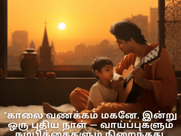Good morning Wishes In Tamil For Your Son "காலை வணக்கம் மகனே. இன்று ஒரு புதிய நாள் — வாய்ப்புகளும் நம்பிக்கைகளும் நிறைந்தது. அதை முழுமையாக பயன்படுத்தி விடு!"
