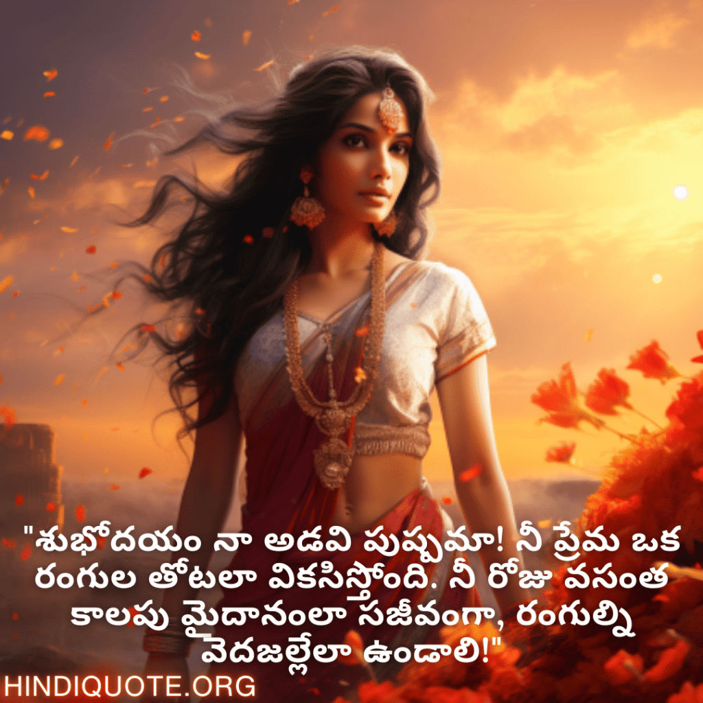 Good morning Quotes In Telugu For Your Girlfriend "శుభోదయం నా అడవి పుష్పమా! నీ ప్రేమ ఒక రంగుల తోటలా వికసిస్తోంది. నీ రోజు వసంత కాలపు మైదానంలా సజీవంగా, రంగుల్ని వెదజల్లేలా ఉండాలి!"