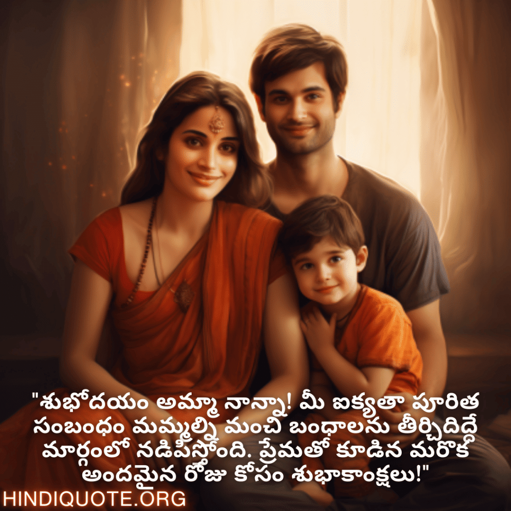 Good morning Wishes In Telugu For Your Parents "శుభోదయం అమ్మా నాన్నా! మీ ఐక్యతా పూరిత సంబంధం మమ్మల్ని మంచి బంధాలను తీర్చిదిద్దే మార్గంలో నడిపిస్తోంది. ప్రేమతో కూడిన మరొక అందమైన రోజు కోసం శుభాకాంక్షలు!"