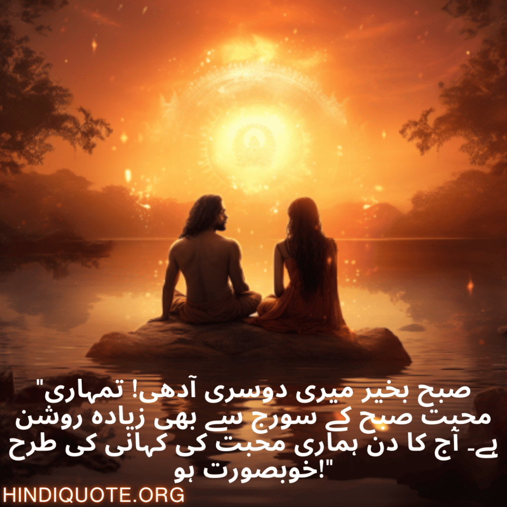 Good morning Wishes In Urdu For Your Soulmate "صبح بخیر میری دوسری آدھی! تمہاری محبت صبح کے سورج سے بھی زیادہ روشن ہے۔ آج کا دن ہماری محبت کی کہانی کی طرح خوبصورت ہو!"