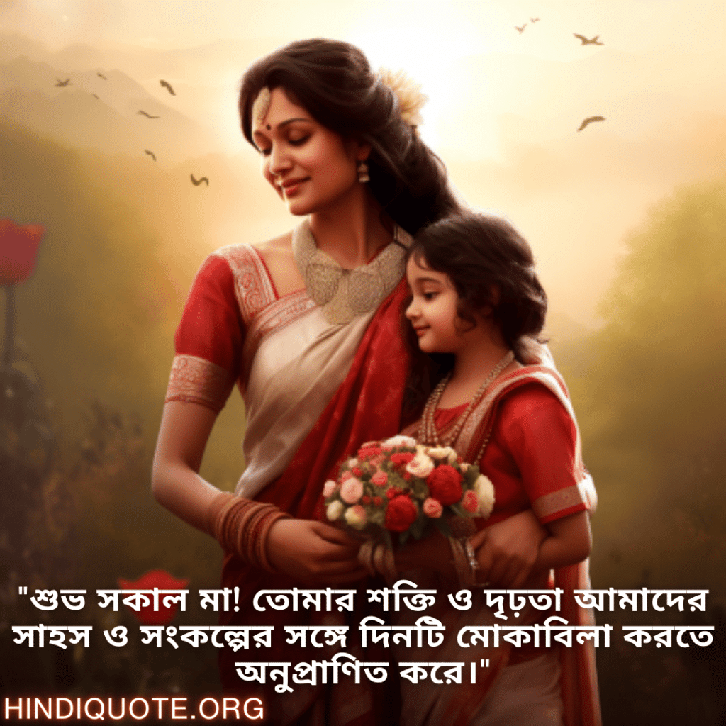 Good morning Wishes In Bengali For Your Mother "শুভ সকাল মা! তোমার শক্তি ও দৃঢ়তা আমাদের সাহস ও সংকল্পের সঙ্গে দিনটি মোকাবিলা করতে অনুপ্রাণিত করে।"