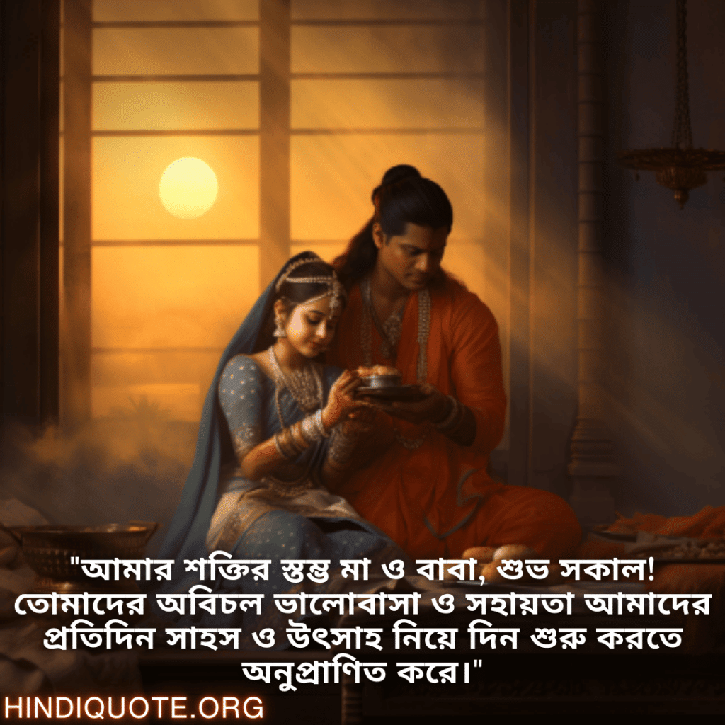 Good morning Wishes In Bengali For Your Parents "আমার শক্তির স্তম্ভ মা ও বাবা, শুভ সকাল! তোমাদের অবিচল ভালোবাসা ও সহায়তা আমাদের প্রতিদিন সাহস ও উৎসাহ নিয়ে দিন শুরু করতে অনুপ্রাণিত করে।"
