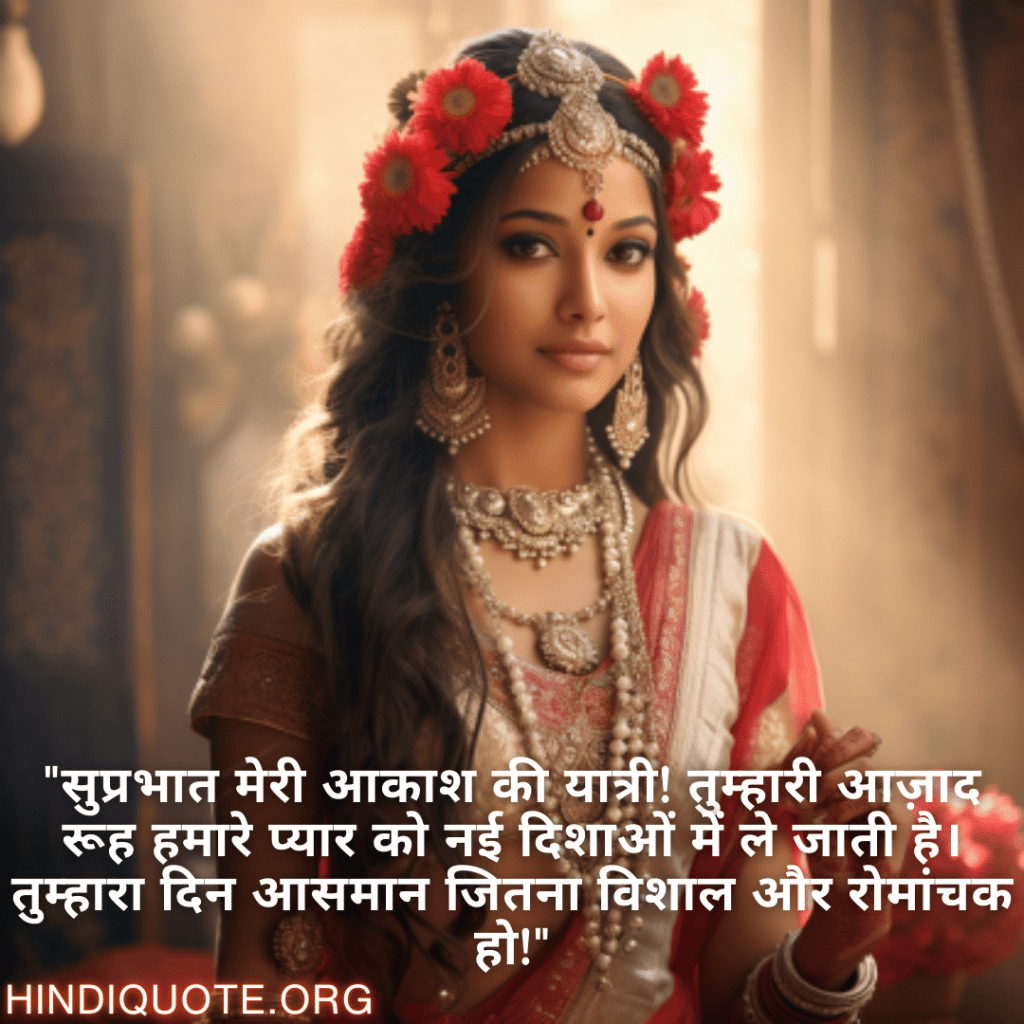 Good morning Shayari in Hindi For Your Girlfriend "सुप्रभात मेरी आकाश की यात्री! तुम्हारी आज़ाद रूह हमारे प्यार को नई दिशाओं में ले जाती है। तुम्हारा दिन आसमान जितना विशाल और रोमांचक हो!"