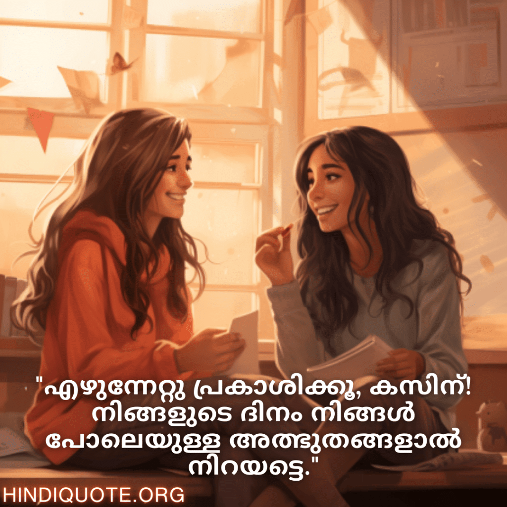 Good morning Wishes In Malayalam For Your Cousin "എഴുന്നേറ്റു പ്രകാശിക്കൂ, കസിന്‍! നിങ്ങളുടെ ദിനം നിങ്ങൾ പോലെയുള്ള അത്ഭുതങ്ങളാൽ നിറയട്ടെ."