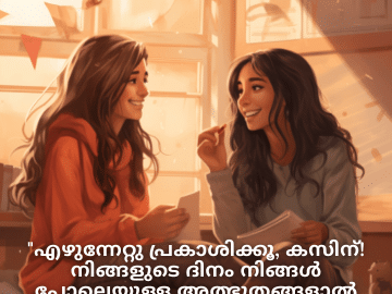 Good morning Wishes In Malayalam For Your Cousin "എഴുന്നേറ്റു പ്രകാശിക്കൂ, കസിന്‍! നിങ്ങളുടെ ദിനം നിങ്ങൾ പോലെയുള്ള അത്ഭുതങ്ങളാൽ നിറയട്ടെ."