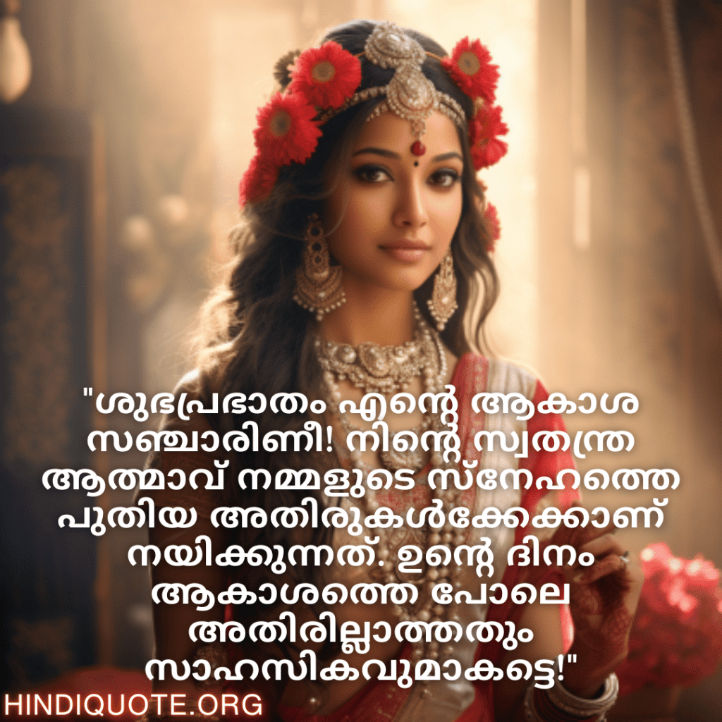 Good morning Quotes In Malayalam For Your Girlfriend "ശുഭപ്രഭാതം എന്റെ ആകാശ സഞ്ചാരിണീ! നിന്റെ സ്വതന്ത്ര ആത്മാവ് നമ്മളുടെ സ്നേഹത്തെ പുതിയ അതിരുകൾക്കേക്കാണ് നയിക്കുന്നത്. ഉന്റെ ദിനം ആകാശത്തെ പോലെ അതിരില്ലാത്തതും സാഹസികവുമാകട്ടെ!"