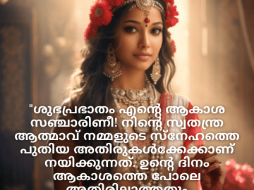 Good morning Quotes In Malayalam For Your Girlfriend "ശുഭപ്രഭാതം എന്റെ ആകാശ സഞ്ചാരിണീ! നിന്റെ സ്വതന്ത്ര ആത്മാവ് നമ്മളുടെ സ്നേഹത്തെ പുതിയ അതിരുകൾക്കേക്കാണ് നയിക്കുന്നത്. ഉന്റെ ദിനം ആകാശത്തെ പോലെ അതിരില്ലാത്തതും സാഹസികവുമാകട്ടെ!"