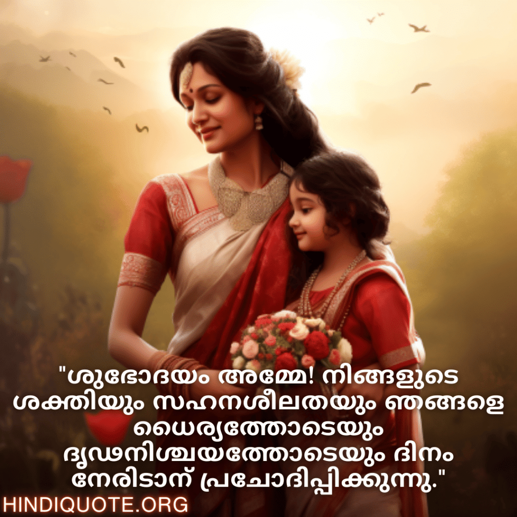 Good morning Wishes In Malayalam For Your Mother "ശുഭോദയം അമ്മേ! നിങ്ങളുടെ ശക്തിയും സഹനശീലതയും ഞങ്ങളെ ധൈര്യത്തോടെയും ദൃഢനിശ്ചയത്തോടെയും ദിനം നേരിടാന്‍ പ്രചോദിപ്പിക്കുന്നു."