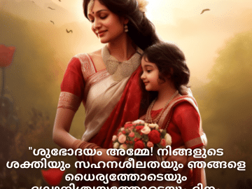 Good morning Wishes In Malayalam For Your Mother "ശുഭോദയം അമ്മേ! നിങ്ങളുടെ ശക്തിയും സഹനശീലതയും ഞങ്ങളെ ധൈര്യത്തോടെയും ദൃഢനിശ്ചയത്തോടെയും ദിനം നേരിടാന്‍ പ്രചോദിപ്പിക്കുന്നു."