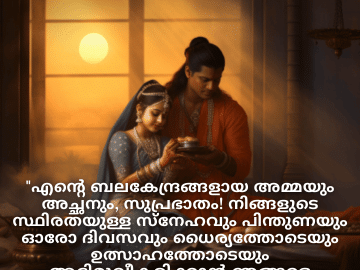 Good morning Wishes In Malayalam For Your Parents "എന്റെ ബലകേന്ദ്രങ്ങളായ അമ്മയും അച്ഛനും, സുപ്രഭാതം! നിങ്ങളുടെ സ്ഥിരതയുള്ള സ്‌നേഹവും പിന്തുണയും ഓരോ ദിവസവും ധൈര്യത്തോടെയും ഉത്സാഹത്തോടെയും അഭിമുഖീകരിക്കാൻ ഞങ്ങളെ പ്രേരിപ്പിക്കുന്നു."