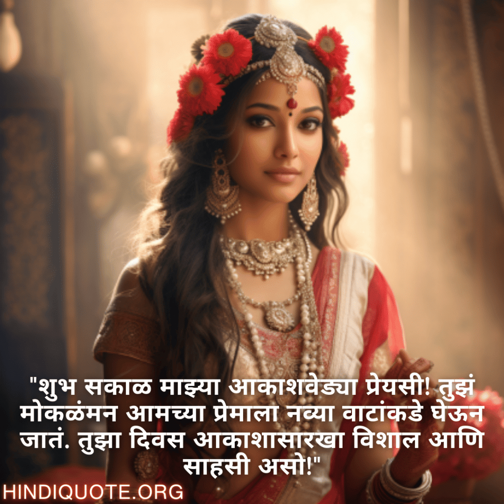 Good morning Quotes In Marathi For Your Girlfriend "शुभ सकाळ माझ्या आकाशवेड्या प्रेयसी! तुझं मोकळंमन आमच्या प्रेमाला नव्या वाटांकडे घेऊन जातं. तुझा दिवस आकाशासारखा विशाल आणि साहसी असो!"