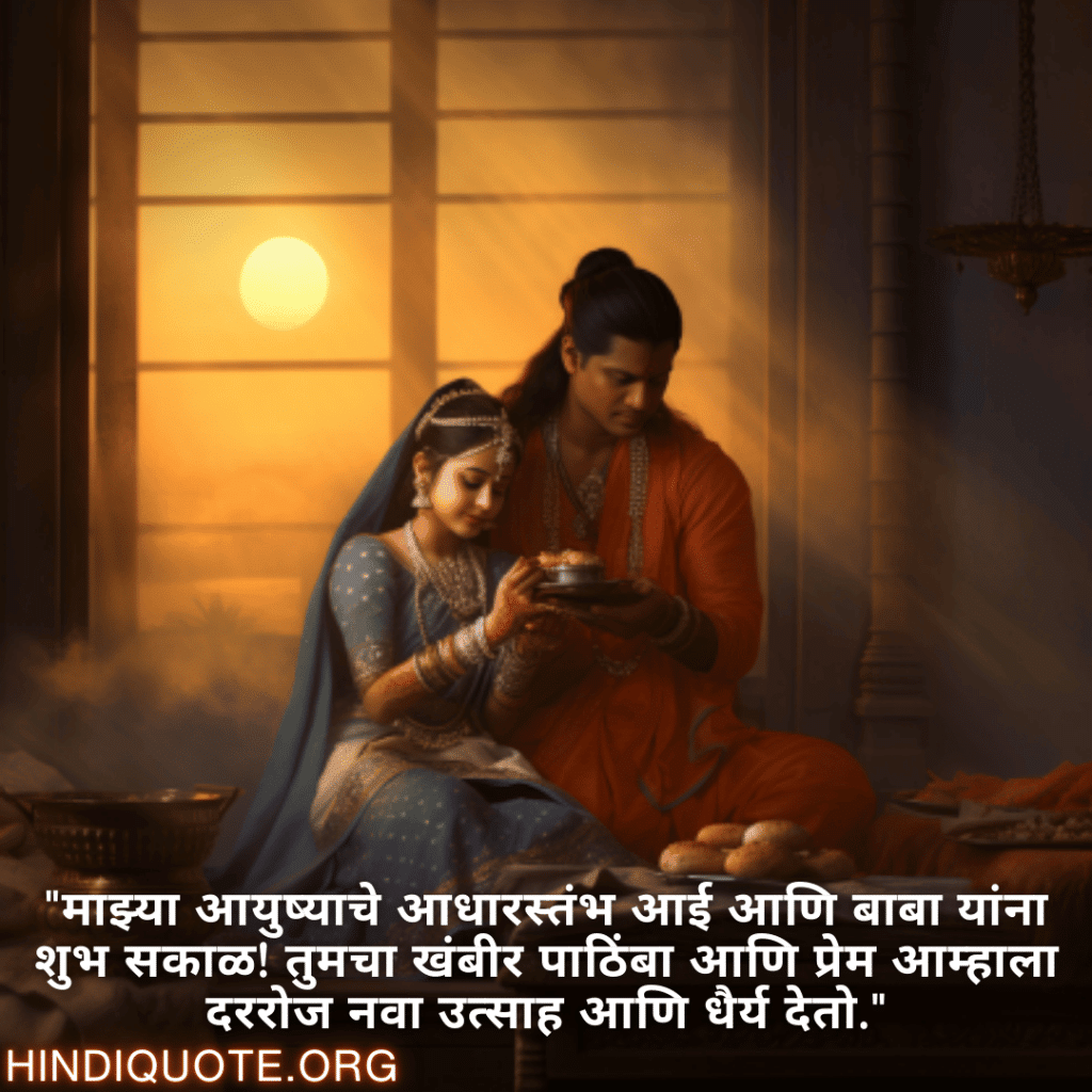 Good morning Wishes In Marathi For Your Parents "माझ्या आयुष्याचे आधारस्तंभ आई आणि बाबा यांना शुभ सकाळ! तुमचा खंबीर पाठिंबा आणि प्रेम आम्हाला दररोज नवा उत्साह आणि धैर्य देतो."