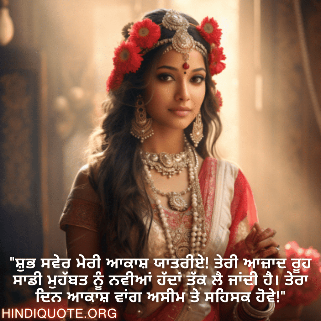 Good morning Quotes In Punjabi For Your Girlfriend "ਸ਼ੁਭ ਸਵੇਰ ਮੇਰੀ ਆਕਾਸ਼ ਯਾਤਰੀਏ! ਤੇਰੀ ਆਜ਼ਾਦ ਰੂਹ ਸਾਡੀ ਮੁਹੱਬਤ ਨੂੰ ਨਵੀਆਂ ਹੱਦਾਂ ਤੱਕ ਲੈ ਜਾਂਦੀ ਹੈ। ਤੇਰਾ ਦਿਨ ਆਕਾਸ਼ ਵਾਂਗ ਅਸੀਮ ਤੇ ਸਹਿਸਕ ਹੋਵੇ!"