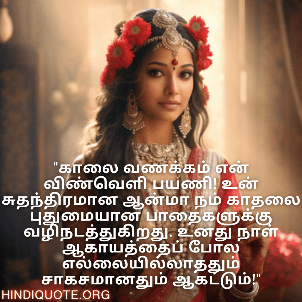 Good morning Quotes In Tamil For Your Girlfriend "காலை வணக்கம் என் விண்வெளி பயணி! உன் சுதந்திரமான ஆன்மா நம் காதலை புதுமையான பாதைகளுக்கு வழிநடத்துகிறது. உனது நாள் ஆகாயத்தைப் போல எல்லையில்லாததும் சாகசமானதும் ஆகட்டும்!"