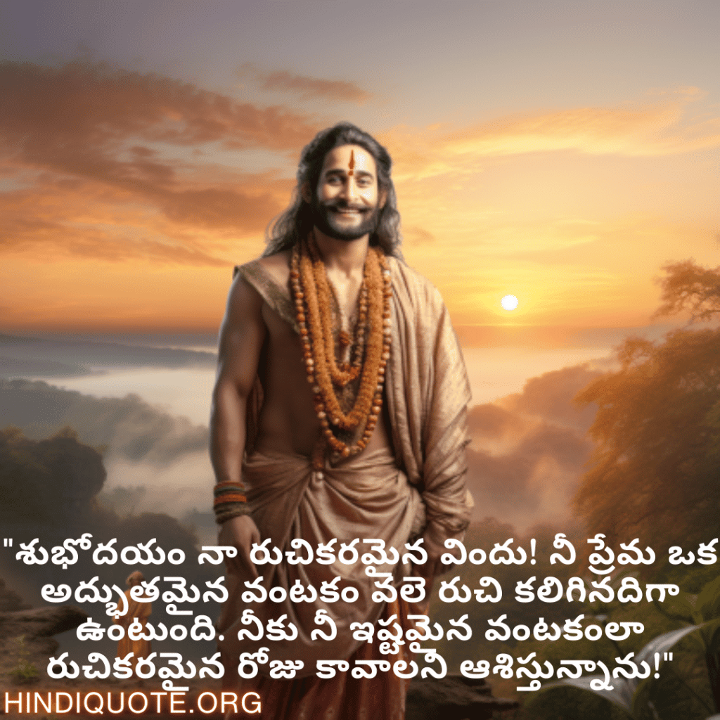 Good morning Quotes In Telugu For Your Boyfriend "శుభోదయం నా రుచికరమైన విందు! నీ ప్రేమ ఒక అద్భుతమైన వంటకం వలె రుచి కలిగినదిగా ఉంటుంది. నీకు నీ ఇష్టమైన వంటకంలా రుచికరమైన రోజు కావాలని ఆశిస్తున్నాను!"