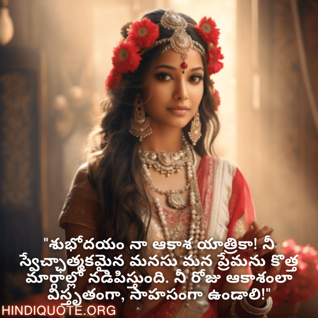 Good morning Quotes In Telugu For Your Girlfriend "శుభోదయం నా ఆకాశ యాత్రికా! నీ స్వేచ్ఛాత్మకమైన మనసు మన ప్రేమను కొత్త మార్గాల్లో నడిపిస్తుంది. నీ రోజు ఆకాశంలా విస్తృతంగా, సాహసంగా ఉండాలి!"