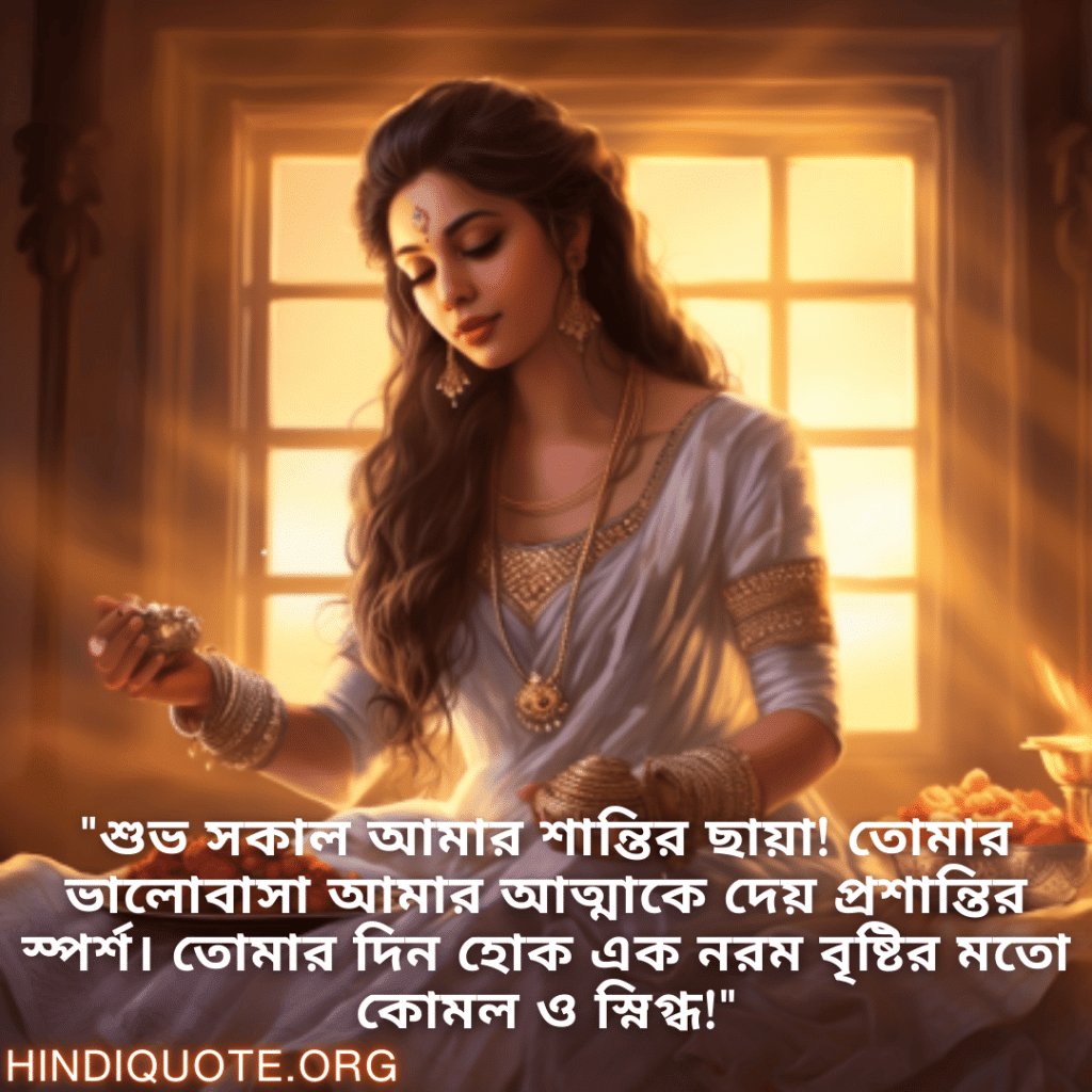 Good morning Quotes In Bengali For Your Girlfriend "শুভ সকাল আমার শান্তির ছায়া! তোমার ভালোবাসা আমার আত্মাকে দেয় প্রশান্তির স্পর্শ। তোমার দিন হোক এক নরম বৃষ্টির মতো কোমল ও স্নিগ্ধ!"