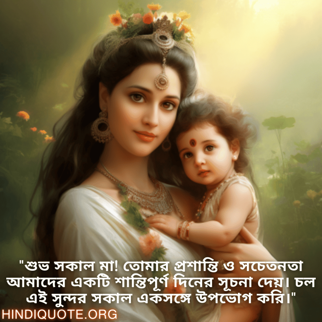 Good morning Wishes In Bengali For Your Mother "শুভ সকাল মা! তোমার প্রশান্তি ও সচেতনতা আমাদের একটি শান্তিপূর্ণ দিনের সূচনা দেয়। চল এই সুন্দর সকাল একসঙ্গে উপভোগ করি।"