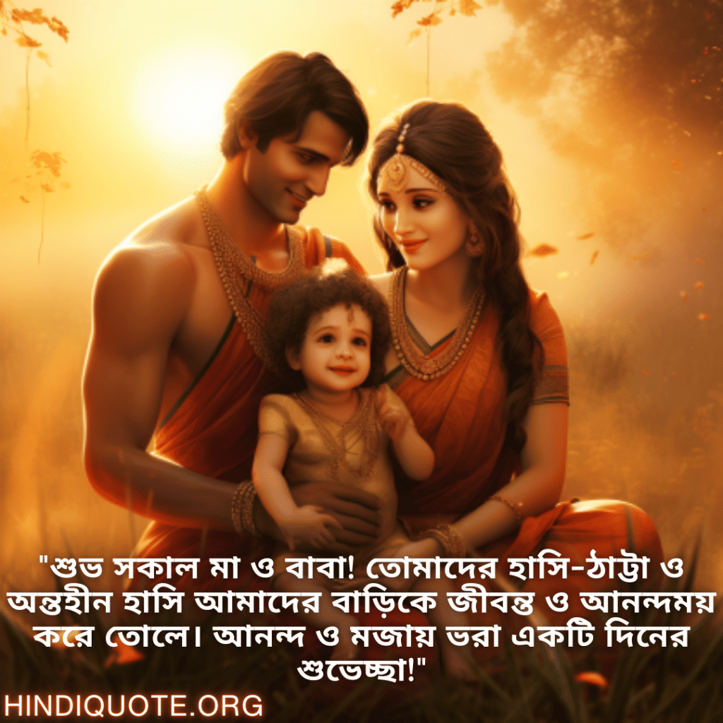 Good morning Wishes In Bengali For Your Parents "শুভ সকাল মা ও বাবা! তোমাদের হাসি-ঠাট্টা ও অন্তহীন হাসি আমাদের বাড়িকে জীবন্ত ও আনন্দময় করে তোলে। আনন্দ ও মজায় ভরা একটি দিনের শুভেচ্ছা!"