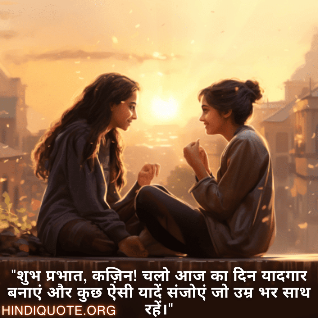 Good morning Shayari For Your Cousin "शुभ प्रभात, कज़िन! चलो आज का दिन यादगार बनाएं और कुछ ऐसी यादें संजोएं जो उम्र भर साथ रहें।"