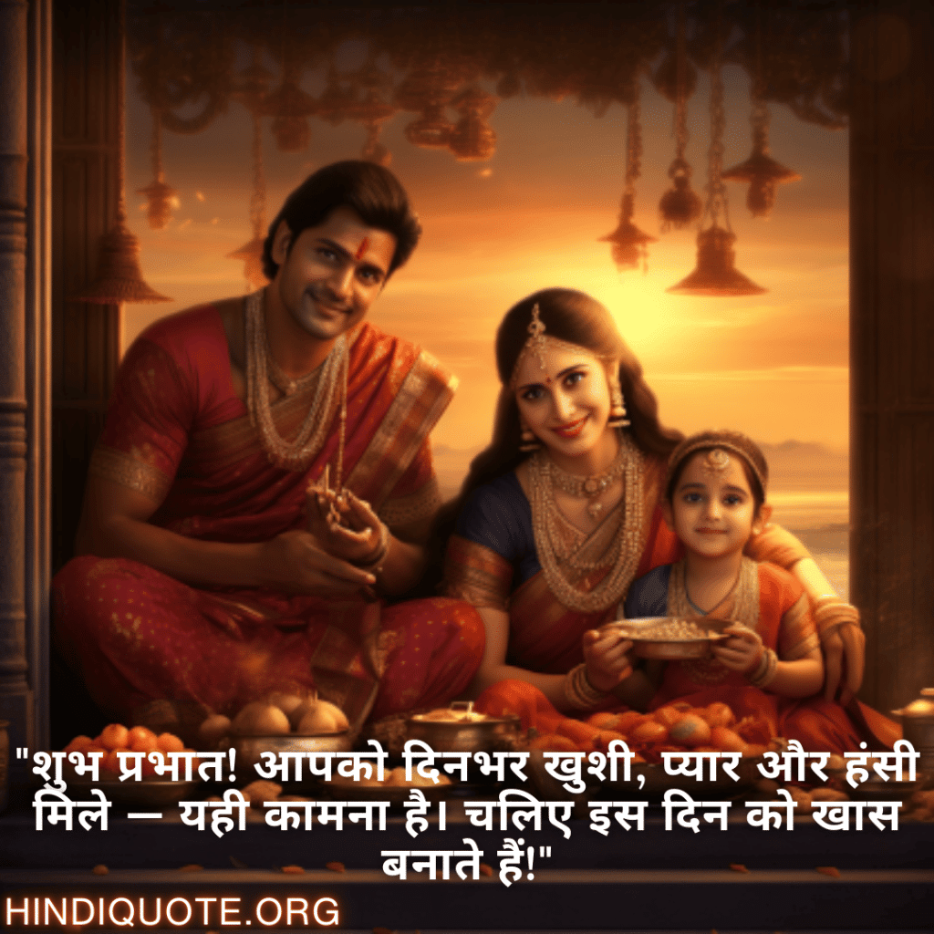 Good morning Shayari in Hindi For Your Family "शुभ प्रभात! आपको दिनभर खुशी, प्यार और हंसी मिले — यही कामना है। चलिए इस दिन को खास बनाते हैं!"