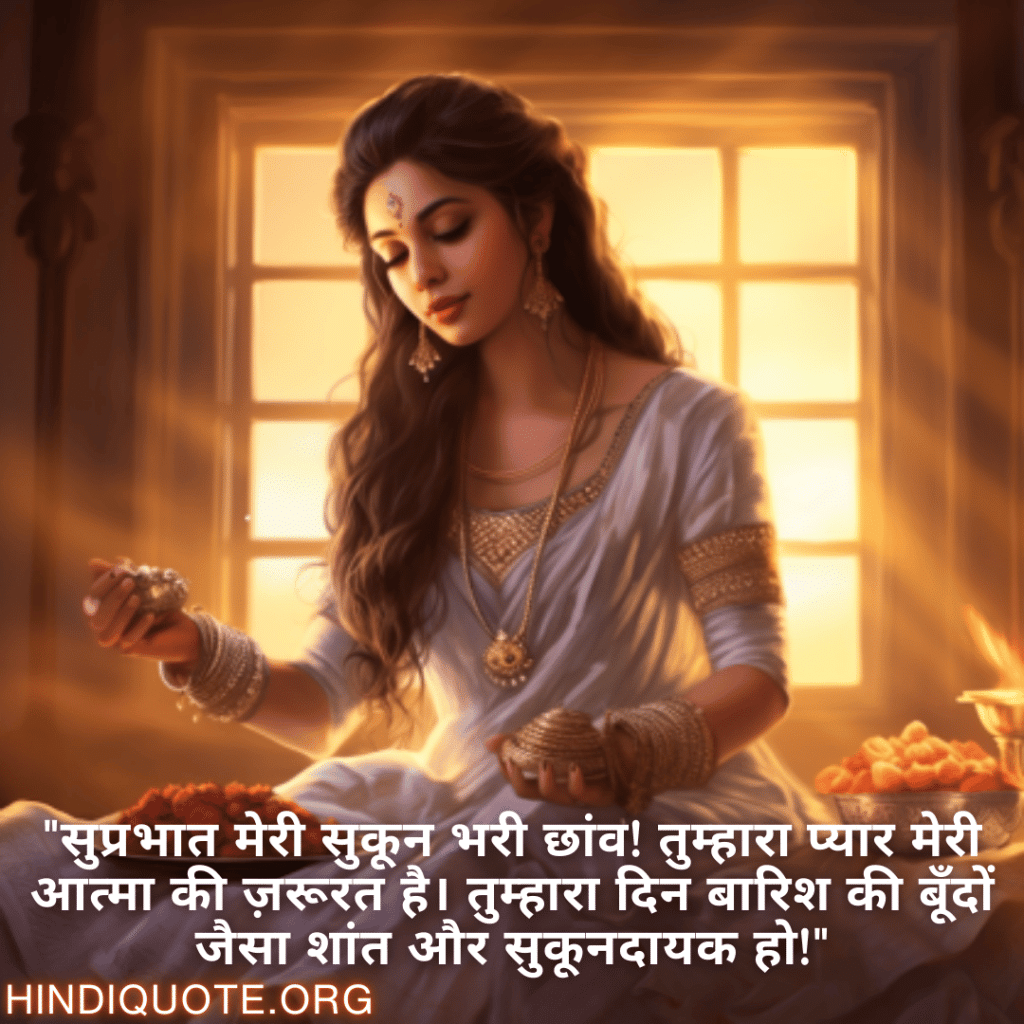Good morning Shayari in Hindi For Your Girlfriend "सुप्रभात मेरी सुकून भरी छांव! तुम्हारा प्यार मेरी आत्मा की ज़रूरत है। तुम्हारा दिन बारिश की बूँदों जैसा शांत और सुकूनदायक हो!"