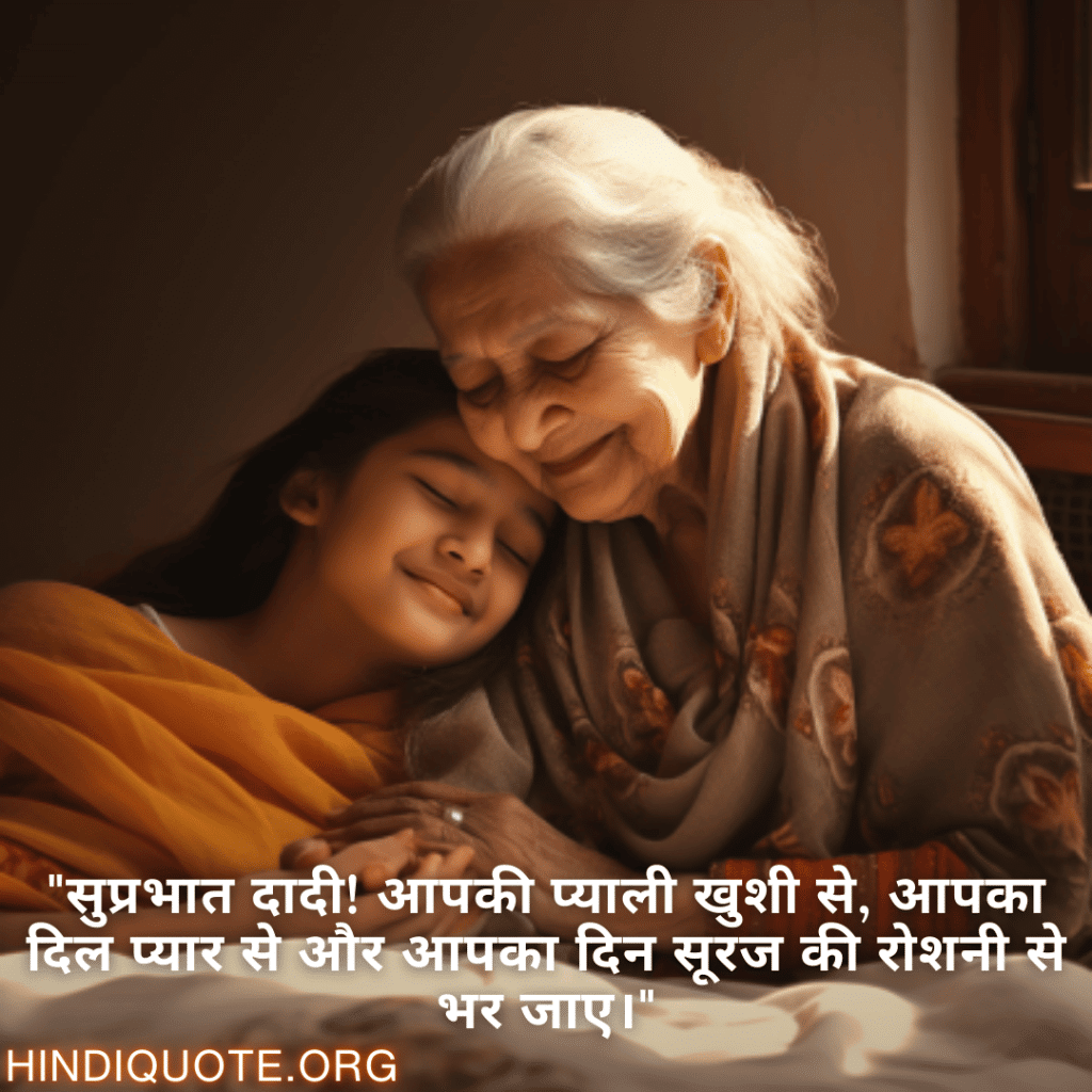 Good morning Shayari in Hindi For Your Grandmother "सुप्रभात दादी! आपकी प्याली खुशी से, आपका दिल प्यार से और आपका दिन सूरज की रोशनी से भर जाए।"