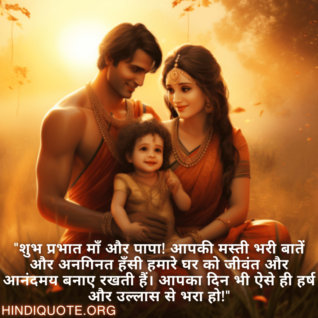 "शुभ प्रभात माँ और पापा! आपकी मस्ती भरी बातें और अनगिनत हँसी हमारे घर को जीवंत और आनंदमय बनाए रखती हैं। आपका दिन भी ऐसे ही हर्ष और उल्लास से भरा हो!"