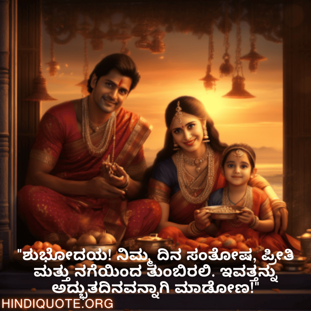 Good morning Quotes In Kannada For Family "ಶುಭೋದಯ! ನಿಮ್ಮ ದಿನ ಸಂತೋಷ, ಪ್ರೀತಿ ಮತ್ತು ನಗೆಯಿಂದ ತುಂಬಿರಲಿ. ಇವತ್ತನ್ನು ಅದ್ಭುತದಿನವನ್ನಾಗಿ ಮಾಡೋಣ!"